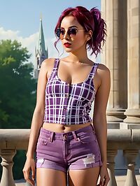 A curvaceous woman with burgundy hair stands outside a cathedral on a sunny morning