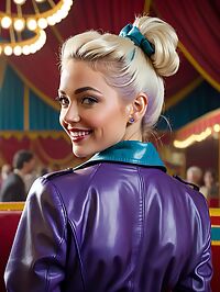 A tanned green eyed woman with blonde streaks stands tall in a purple leather coat