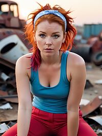 A woman with ginger hair and red pants lies in a scrap yard at sunrise