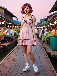 A stunningly pretty woman with burgundy bobcut hair floats through the twilight floating market